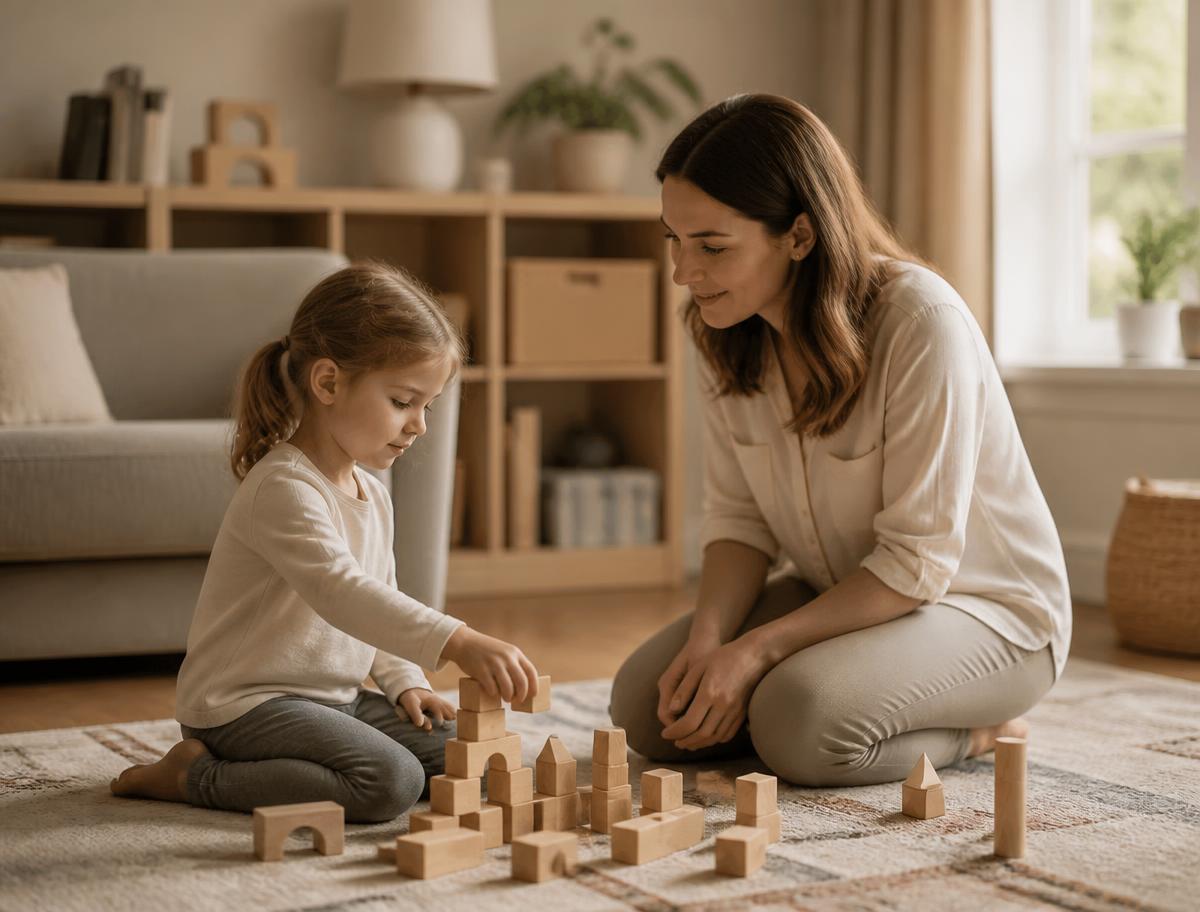A child building with wooden blocks alongside a speech pathologist